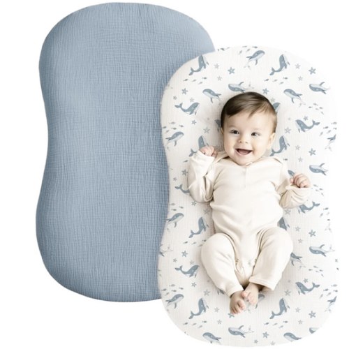 Konssy Muslin Baby Lounger Cover 2 Pack, 100% Cotton Newborn Lounger, Soft and Breathable for Boys Girls, Covers Only (Blue Whale, Blue)