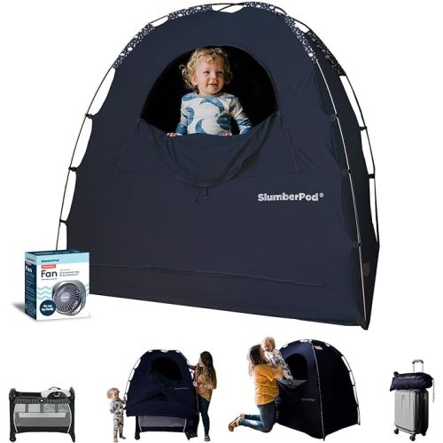 SlumberPod The Official Blackout Sleep Tent for Pack and Play, Mini Cribs and Travel Cribs, Blackout Canopy Crib Cover, Sleep Pod for Kids with Monitor Pouch Fan Pouch (Includes Fan), Navy Night Sky