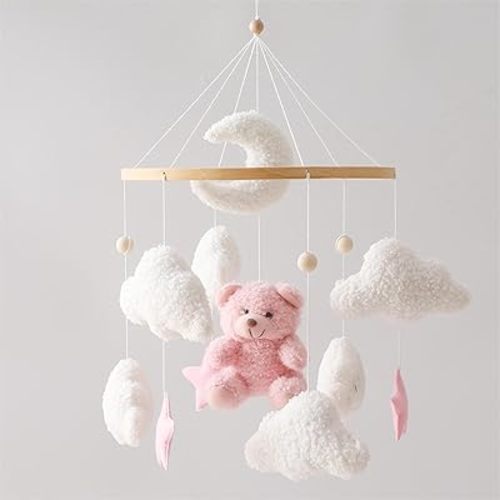 EERKEOD Baby Crib Mobile Bear Nursery Mobile for Boys Girls Teddy Velvet Mobile Nursery Decor for Infant Bedroom Hanging Baby Mobile for Bassinet Newborn Baby Gift(Pink Bear)