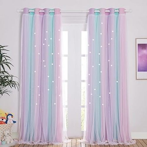 NICETOWN White Gauze & Blackout Drapes Assembled, Romantic and Colorful Curtains, Blue & Purple & Pink, Each is W52 x L84