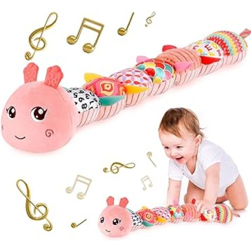 Montessori Infant Baby Musical Stuffed Animal Activity Soft Toys with Multi-Sensory Crinkle, Rattle and Textures for 0-3-6-12 Months Developmental Toys, Caterpillar, Pink