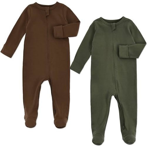 Aablexema Baby Pajamas with Feet and Mittens 2-Pack Zip Up Infant Cotton Long Sleeve Footies Sleep and Play - Olive & Coffee