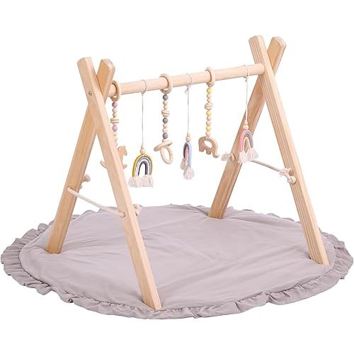 Baby Play Gym with Mat, Baby Play Mat Activity Center Gym Wooden,Play Gym Toys for Hands-On and Visual Development, Cute Design with Mat
