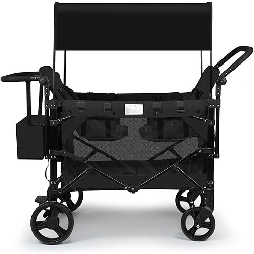 VOOI Stroller Wagon 4 Seater, Wagon for Kids, Collapsible W4 Stroller with Seats with 5-Point Harnesses, Easy Access Zipper Door, and Removable Sun Canopy (Black, W4-Large)