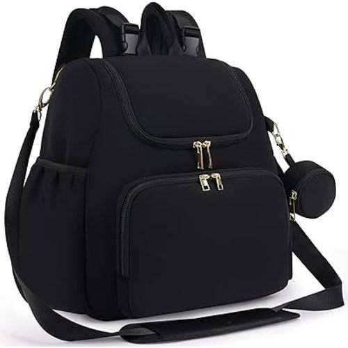 CEI-CEI Diaper Bag 4 in 1 Convertible Diaper Backpack Neoprene Waterproof Baby Bag for Mom and Dad with Changing Pad Stowable Shoulder Strap Travel with Pacifier Case and Insulated Pockets (Black)