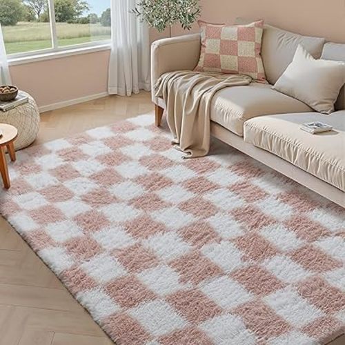 Checkered Rug 5x7 for Living Room, Pink and White Modern Shag Rug Super Soft Washable Indoor Fuzzy Carpet Non-Slip Fluffy Rugs for Bedroom Home Aesthetic Decor
