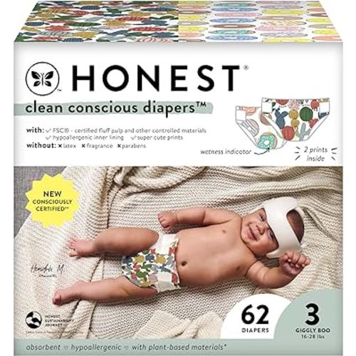The Honest Company Clean Conscious Diapers | Plant-Based, Sustainable | Cactus Cuties + Donuts | Club Box, Size 3 (16-28 lbs), 62 Count