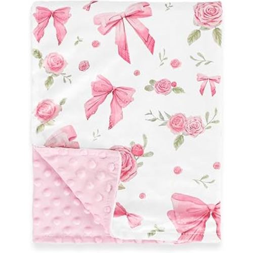 Baby Blanket for Girls, Soft Plush Floral Newborn Blankets with Pink Dotted Backing, Toddler Nursery Stroller Crib Receiving Blankets Infant, Pink Rose, 30"x40"