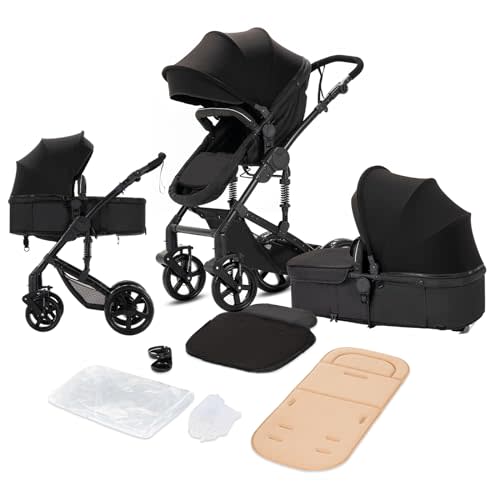 2 in 1 Baby Stroller, Reversible Newborn Foldable Pram, Infant High Landscape Pushchair, Portable Standard Stroller, Reclining Buggy, Baby Carriage (2US588-Black)