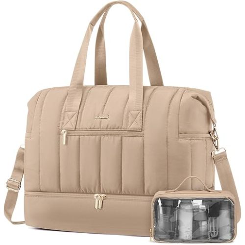 LOVEVOOK Travel Duffle Bag,Puffer Weekender Bags For Women with Shoe Compartment,42L Carry On Duffel Bags For Airplanes,Hospital Bag for Labor and Delivery,Overnight Bag With Toiletry Bag,2Pcs Set