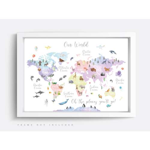 Animal World Map Print, Map Wall Art, Educational Print, Baby Decor, Nursery Map, Nursery Room, Children's Room Decor, Playroom Print