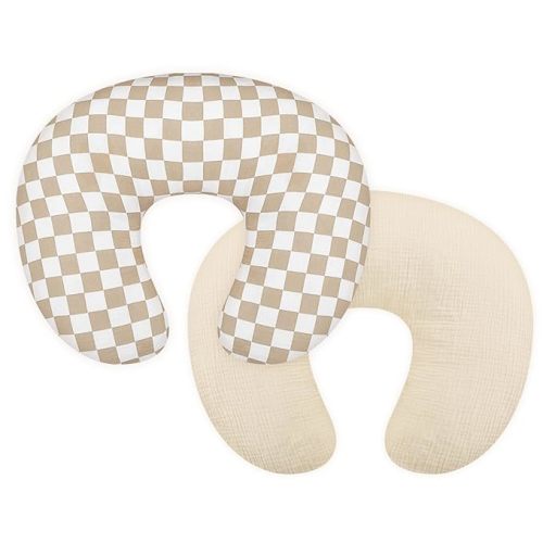 DILIMI Muslin Nursing Pillow Cover 2 Pack, Removable Nursing Cover for Breastfeeding Pillows, Ultra Soft Comfortable Slipcover for Baby Girl and Boy, Beige and Brown Checkered
