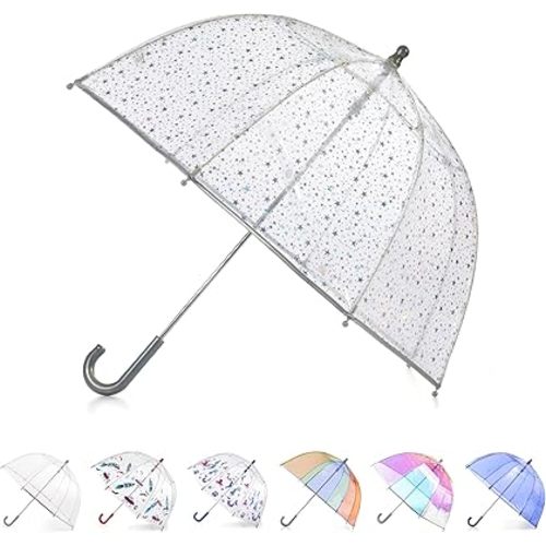 totes Kids Clear Bubble Umbrella with Dome Canopy, Lightweight Design, Wind and Rain Protection Umbrella, Holographic Star, Kids - 38" Canopy