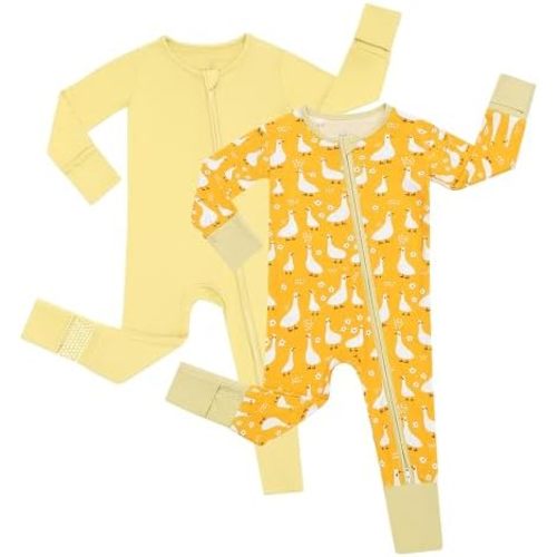 JunNeng 2Pcs Baby Rayon from Bamboo Sleeper with Mitten Cuffs, Footless Zipper Cozy Pjs, Non-Slip Soles Romper