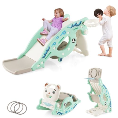 Costway 4-in-1 Kids Slide Rocking Toy Slide Rocking Horse W/basketball Hoop Rings Green