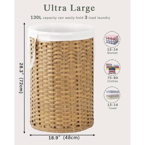Large Laundry Hamper Laundry Basket Round 34.3 Gal (130 L) Handwoven Wicker Laundry Baskets Rattan Laundry Basket with Removable Bag Handles 2 Mesh Bags for Living Room Bedroom Natural