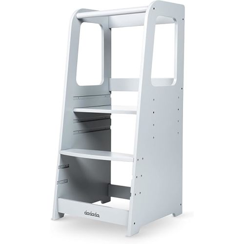 dadada Baby Montessori Toddler Tower - Adjustable Kitchen Step Stool for Kids with Safety Rail - Baby-Safe Finish, Encourages Cooking Skills and Independence - Light Gray