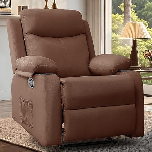 Recliner Chair, Small Recliners for Small Spaces, Manual Recliner with Cup Holders and Side Pockets, Reclining Chair, Chairs for Living Room, Bedroom, Nursery, Brown