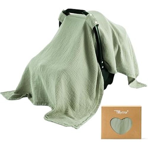 TILLYOU Baby Car Seat Cover, Breathable Muslin Cotton Infant Car Seat Cover, Lightweight Canopy with Sun and Bug Protection(Green)