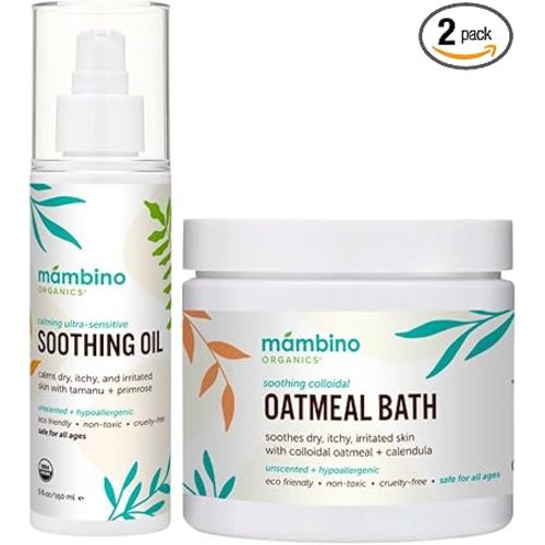 Mambino Organics Calming Skin Set, Oatmeal Bath Soak Powder & Soothing Body Oil, Fragrance-Free with Jojoba & Evening Primrose, Gentle for Babies & Adults, Ultra-Sensitive Skin, Vegan, 11 oz