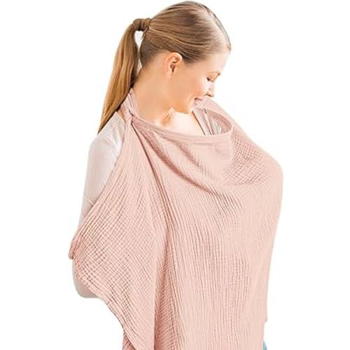 Konssy Muslin Nursing Cover for Baby Breastfeeding, Breathable 100% Cotton Breastfeeding Cover with Rigid Hoop for Mother Nursing Apron, Multi-use Carseat Canopy (Pink)