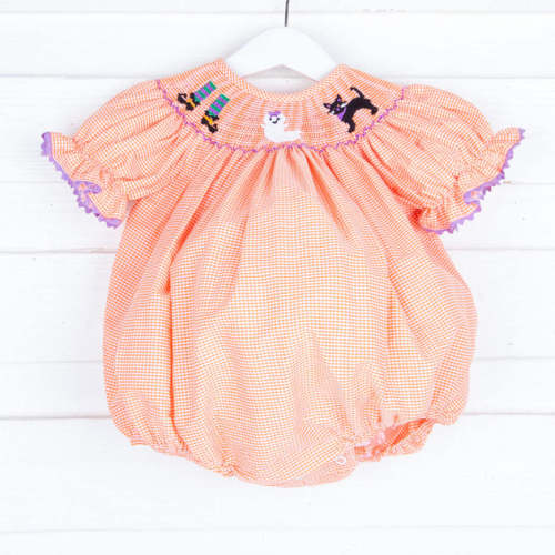 Smocked Halloween Orange Gingham Bubble