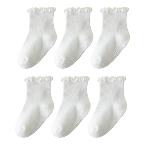 ANYANIME 6 Pairs Toddler Ruffle Socks for Girls - Baby Grip Socks with Non-Slip, Cute Grippy Frilly Design