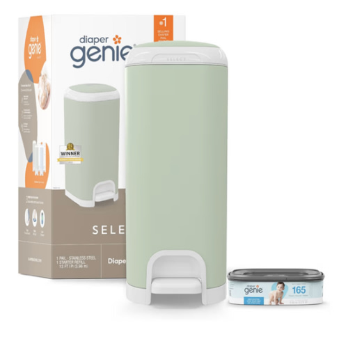 Diaper Genie Select Pail (Green) is Made of Durable Stainless Steel and Includes 1 Starter Square Refill That can Hold up to 165 Newborn-Sized Diapers.