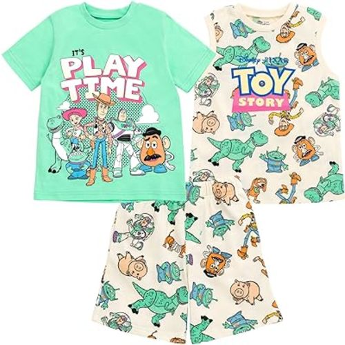 Disney Lion King Toy Story Mickey Mouse Cars T-Shirt Tank Top and French Terry Shorts 3 Piece Outfit Set Toddler to Big Kid