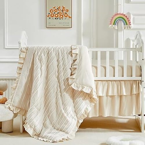 3 Pieces Tufted Stripes Crib Bedding Set with Ruffle Fringe, Beige Ruffled Comforter with Fitted Sheet and Bed Skirt, Soft and Embroidery Shabby Chic Boho Bohemian Jacquard Design for Baby Girls Boys