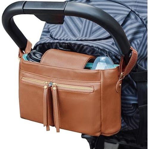 MOMINSIDE Organizer With Insulated Cup Holders, 10 Pockets Accessories Leather, Universal Stroller Caddy, Adjustable Straps, Zippered Pocket, Fit All Strollers (Brown)