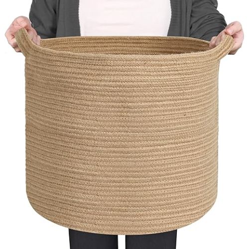 Large Wicker Storage Basket, 16" x 14" Jute Woven Basket with Handle, Living Room Blanket Storage, Big Wicker Laundry Basket, Kids Toy Bin Box Organizer, Decorative Round Baskets for Decor