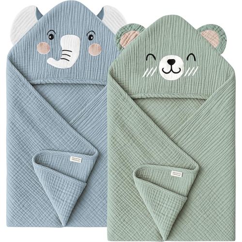Konssy 2-Pack Muslin Baby Hooded Towels, 100% Cotton, Soft and Absorbent Baby Bath Towels for Newborn, Infant & Toddler with Animal Hooded Design(Elephant & Bear)