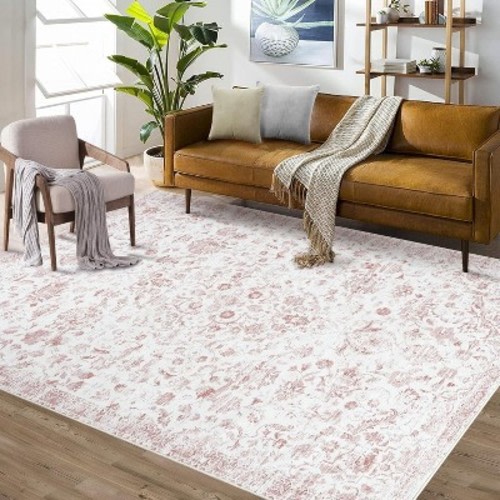 Acekool 8x10 Vintage Medallion Washable Area Rug, Extra Large Non-Slip Distressed Floral Carpet, Stain Resistant for Living Room, Bedroom, Pink