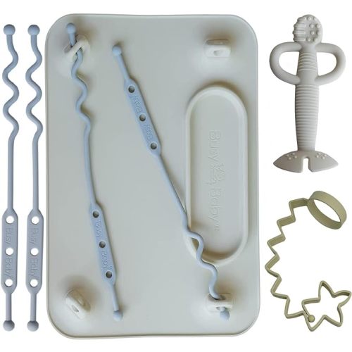 Busy Baby Bundle - Silicone Placemat with Suction Cups, Bottle Bungee, and Teething Spoon - Safe, Durable, and Convenient Baby Essentials for Feeding, Playtime, and Teething Relief