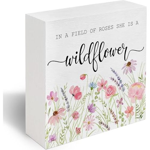 In a Field Full of Roses She Is a Wildflower Sign, Christian Gifts for Women, Baby Girl Nursery Botanical Floral Motivational Sign Decor for Home Girls Room Wall Tabletop Shelf Decor 5x5 C14