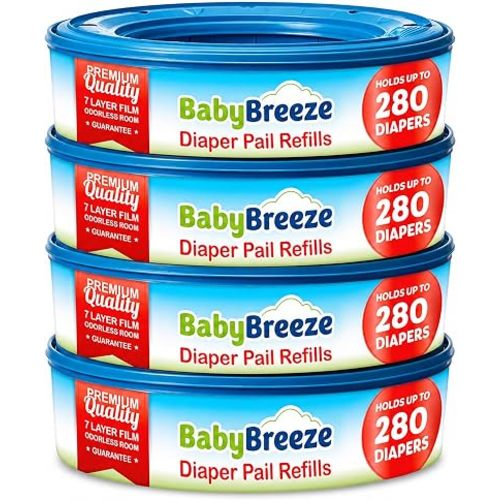 BabyBreeze Diaper Pail Refill Bags Compatible with Playtex Diaper Genie Pails Odor Absorbing Diaper Disposal Trash Bags - 1120 Count (4-Pack)