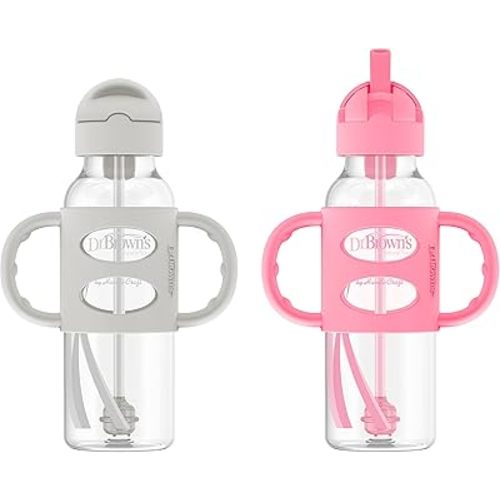 Dr. Brown's Milestones Narrow Sippy Straw Bottle, Spill-Proof with 100% Silicone Handles and Weighted Straw, 8 oz/250 mL, Gray & Pink, 6m+