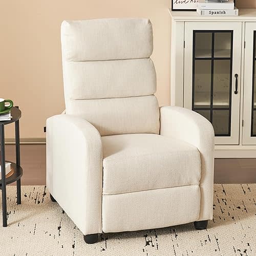 Furnimart Small Manual Recliner for Small Spaces, Faux Chenille Chair with Chunky Overstuffed Cushion, Single Sofa Recliner for Adults for Home Theater Living Room Bedroom, Beige