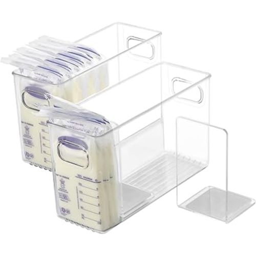 Breastmilk Storage Container with L Shaped Dividers to Flatten Standing Breast Milk Bags in Organizer Bins Save Refrigerator Space | 2 Containers with 4 Removable Separator Boards - Gray