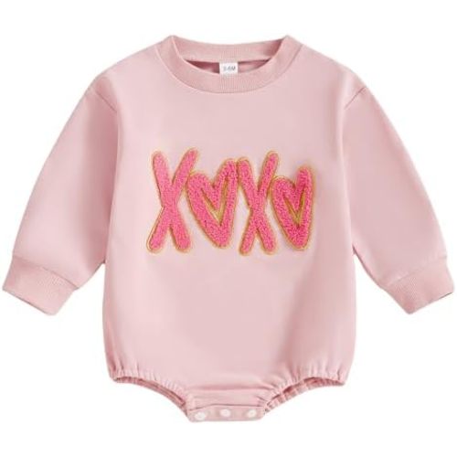 FIOMVA Valentines Girl Outfit Infant Heart Bow Bubble Romper Sweatshirt Newborn Bodysuit Top Toddler Spring Clothes