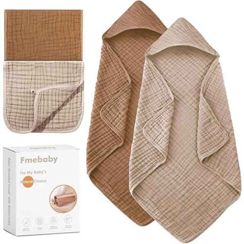 2 Pack Muslin Hooded Baby Bath Towels and 2 Pack WashCloth Set, 36x36 Inch Soft Cotton Bath Towel Baby Wipes Absorbent Bath Face Towels Burp Cloths Face Towels for Girl Boy(Coffee and Apricot)