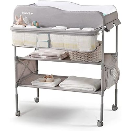 Sweeby Portable Baby Changing Table, Foldable Changing Table Dresser Changing Station for Infant, Waterproof Diaper Changing Table Pad Topper, Mobile Nursery Organizer for Newborn Essentials (Grey)