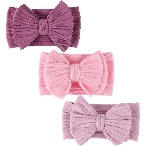 DRESHOW BQUBO Handmade Baby Headbands Soft & Stretchy Hair Bands with Bows Nylon Bows Hairbands for Girls Newborn Infant Toddlers Hair Accessories 3 pack