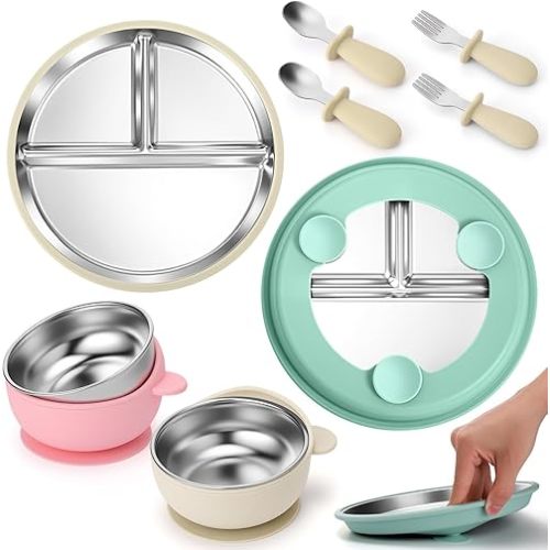 Palksky 8pcs Stainless Steel Toddler Plates and Bowls Set Suction, 9" Divided Kids Plates and Bowls with Removable Silicone Sleeves, Unbreakable Non-Slip Baby Feeding Set Includes Forks Spoons