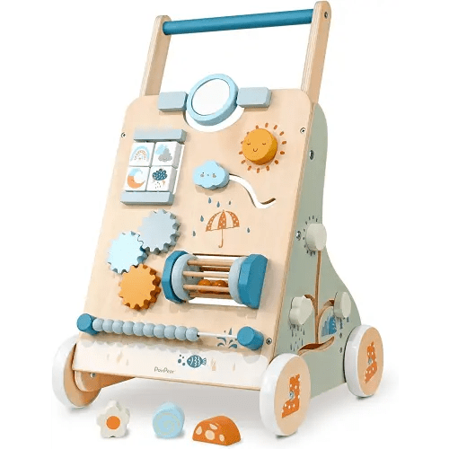 PairPear Wooden Baby Walker, Toddler Push Walker Activity Center Toys with Shape Sorter Gift for Boys Girls 1 2 3 Year Old