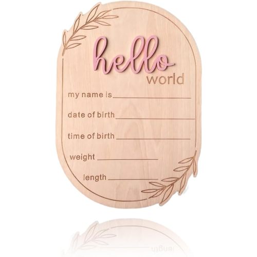 Baby Announcement Sign, 5.91x4.13 Inch Hello World Newborn Sign, Baby Announcement, Hello World Plaque, Newborn Name for Hospital, Ear of Wheat Personalized Name Plaque (Pink)
