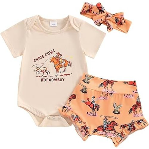Western Infant Baby Girl Outfit Horse Print Short Sleeve Romper Shorts Headband Set Newborn Summer Clothes 3Pcs
