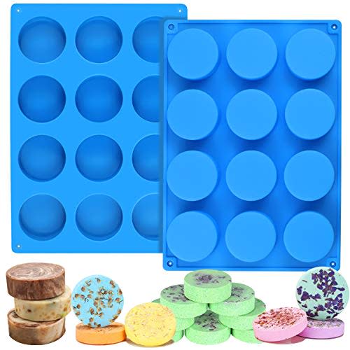 Palksky Soap Mold Silicone for Soap Making, (2pcs)12Cavity Large Round Lotion Bars Mold for Freshie Supplies/Shower Steamer (Blue)