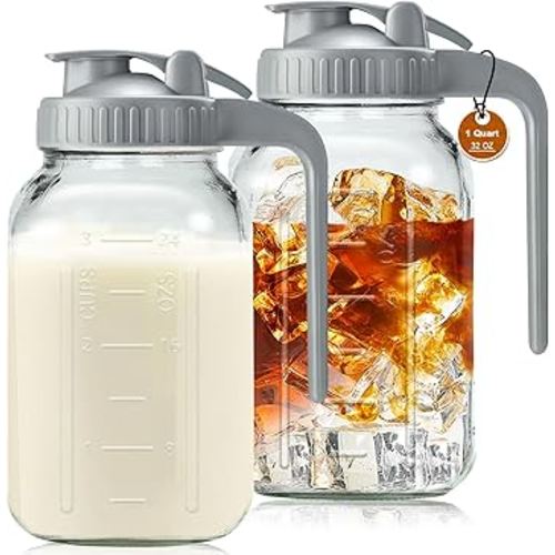 Glass Pitchers with Lid and Handle, 32oz Breast Milk Pitcher, 1 Quart Wide Mouth Mason Jar, Leak-proof Glass Water Pitcher, Creamer Container for Cold Brew, Sun Tea, Juice, Iced Coffee-Gray/2 Pack